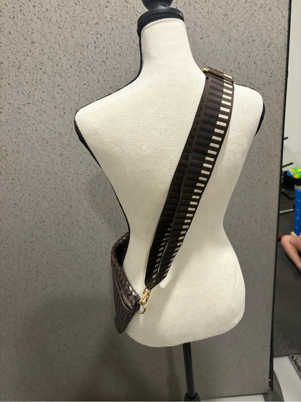 Woven Crossbody Bag with Wide Strap - Brown